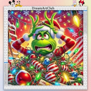 May include: A diamond painting featuring the Grinch, surrounded by Christmas lights and ornaments. The Grinch is green with a red and white striped hat and arms. The image includes the text "DreamArtClub".
