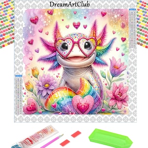 May include: A colourful diamond painting kit featuring an axolotl wearing heart-shaped sunglasses and a rainbow tail. The axolotl is surrounded by pink flowers and hearts. The kit includes a canvas, rhinestones, and tools.
