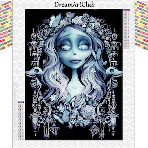 May include: A blue and white digital painting of a woman with long, flowing hair. She is wearing a crown of flowers and has a sad expression on her face. She is surrounded by flowers and butterflies. The background is black.