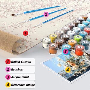 May include: A paint-by-numbers kit with a rolled canvas, blue paintbrushes, small acrylic paint pots, and a reference image. The canvas is marked with numbers, and the paint pots are labeled to match. The reference image shows a floral still life.