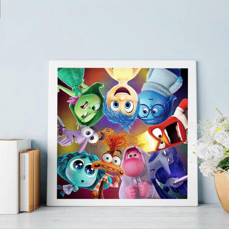 May include: A colorful illustration of the characters from the movie Inside Out. The characters are Joy, Sadness, Fear, Anger, Disgust, and Bing Bong. The characters are all smiling and looking at the viewer. The background is a bright, colorful swirl of colors.