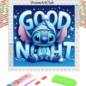 May include: A diamond painting kit featuring a blue cartoon character wearing a hat and pajamas, with the words "GOOD NIGHT" in large white letters. The kit includes a tray, pen, and various coloured gems.