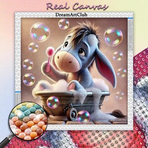 May include: A blue cartoon donkey with a brown mane is sitting in a white bathtub with bubbles. The donkey is holding a pink wand and is surrounded by bubbles. The text "Real Canvas" and "DreamArtClub" is at the top of the image.