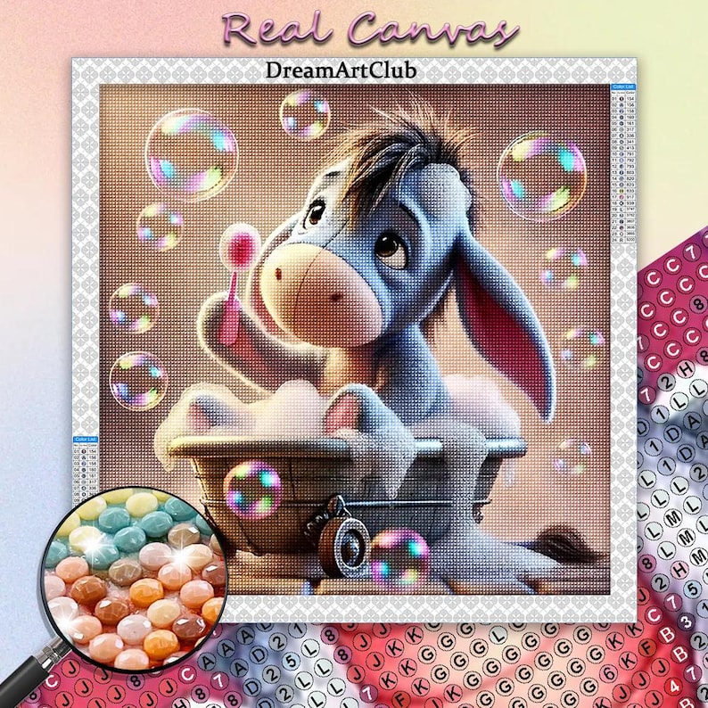 May include: A blue cartoon donkey with a brown mane is sitting in a white bathtub with bubbles. The donkey is holding a pink wand and is surrounded by bubbles. The text "Real Canvas" and "DreamArtClub" is at the top of the image.