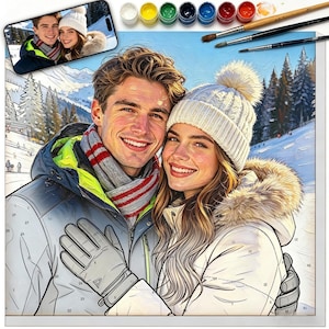 以下が含まれることがあります： 冬の服装をした笑顔のカップルが雪山を背景に描かれた、数字でペイントするキット。 キットには絵の具のポット、ブラシ、スマートフォン上の参照画像が含まれています。 カップルは冬のコート、帽子、手袋を着用しています。