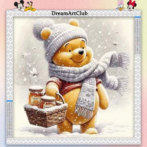 May include: A cross-stitch design featuring Winnie the Pooh in a winter scene. Pooh wears a gray hat, scarf, and red shirt, carrying a basket with two jars of honey. The background shows falling snow and the text "DreamArtClub".