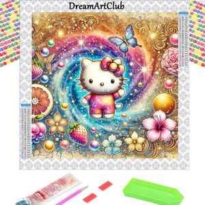 May include: A colorful diamond painting kit featuring a cartoon Hello Kitty character surrounded by a swirling galaxy design with stars, fruit, and flowers. The kit includes a tray, tweezers, and diamonds.