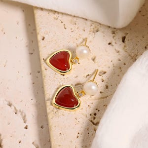 Red Agate Earrings with Freshwater Pearls/Lucky Red Earring/Freshwater Pearl Love Agate Earring/Handmade Earring/Pearl Jewelry/Gift For Her