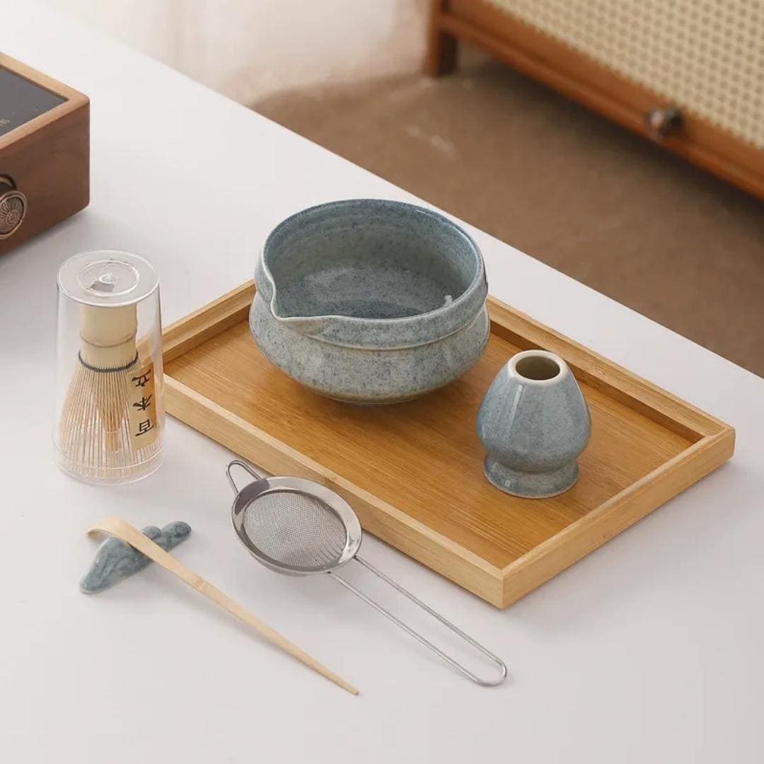 Ceramic Matcha Bowl Set with Whisk Scoop Holder/Handmade accessories 6 Pieces set Gift Box/Japanese Ceremonial Matcha Kit/Green Tea Ritual