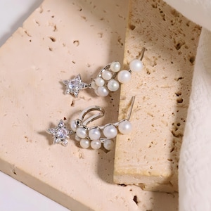 Star White Gold Natural Pearl Earrings/Handmade Celestial Jewelry/Celestial Pearl Earrings/White Baroque Pearl Star Earrings/Gift for Her