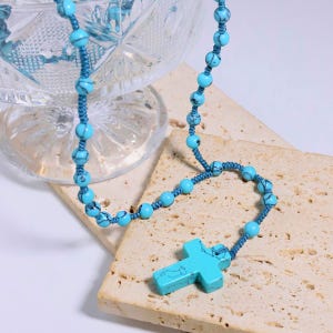 Genuine Turquoise Cross Necklace/Natural Stone Jewelry/Turquoise Rosary Stacking Necklace with Cross Pendant/Sweater Chain/Gift For Her
