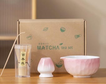 Pink Matcha Tea Whisk Bowl Scoop Sifter Set/Japanese Matcha Tea Ceremony Kit with Gift Box/Chasen Holder/Bamboo Scoop/Matcha Accessories