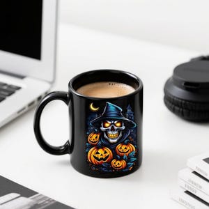 Halloween Black Ceramic Mug with Gothic Graveyard Tombstone Skull and Crow Design |Spooky Coffee Cup |Horror Gift for Halloween Party Lovers