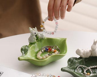 Ceramic Bunny Jewelry Tray: Green Leaf Trinket Dish, Nature-Inspired Decor