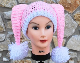 Pink Crochet Stocking Cap Double Tail Cap Knit White Pom  Pom Ready to Ship Girl Gift Bunny Ski Suit Jester Winter Vacation Easter Women