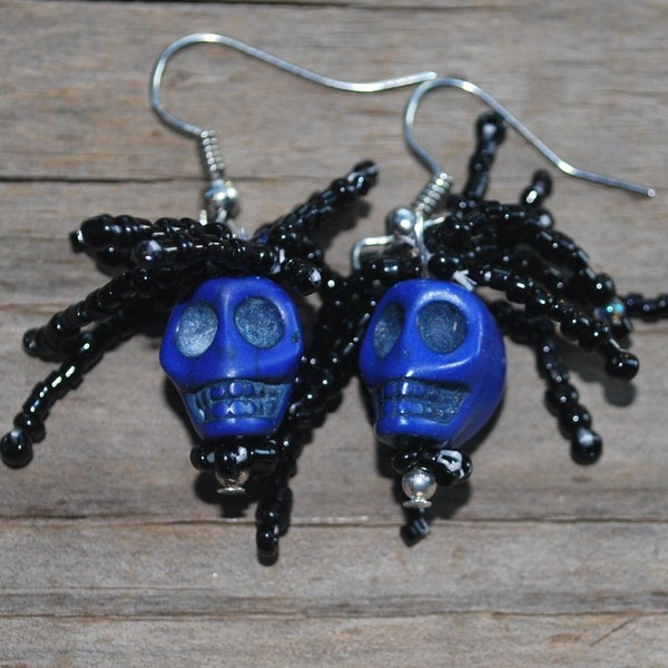 Skull Earrings Halloween Dia de los Muertos Rasta Dreadlocks Blue Sugar Skull Day of the Dead Dangle Zombie Skeleton Punk Rock Costume