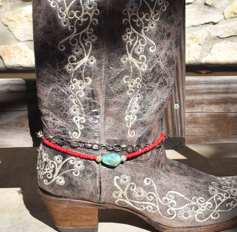 Turquoise Silver Boot Chain Red Bling Bracelet Jewelry for Rodeo Western Ag FFA County Show Biker Stock Show 4H Rustic Wedding Country Prom