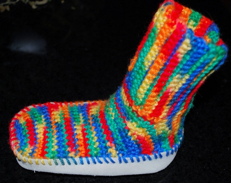 Crochet Youth House Shoe Booties Multi-Colored Unisex Rainbow Bright Blue Red Yellow Green Suede Sole Ready to Ship