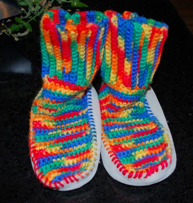 Crochet Youth House Shoe Booties Multi-Colored Unisex Rainbow Bright Blue Red Yellow Green Suede Sole Ready to Ship