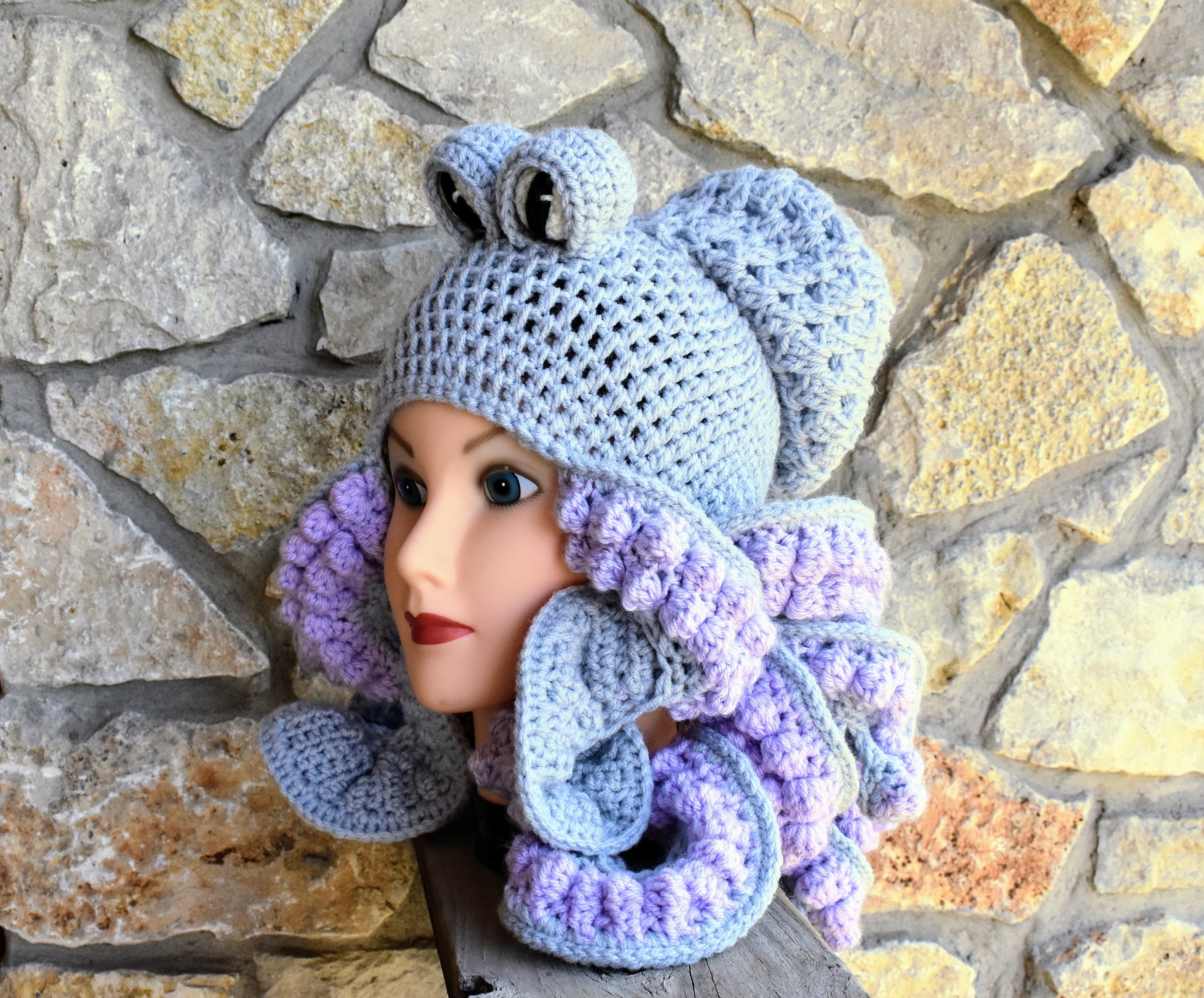 Purple Octopus Hat Ready to Ship Gray 