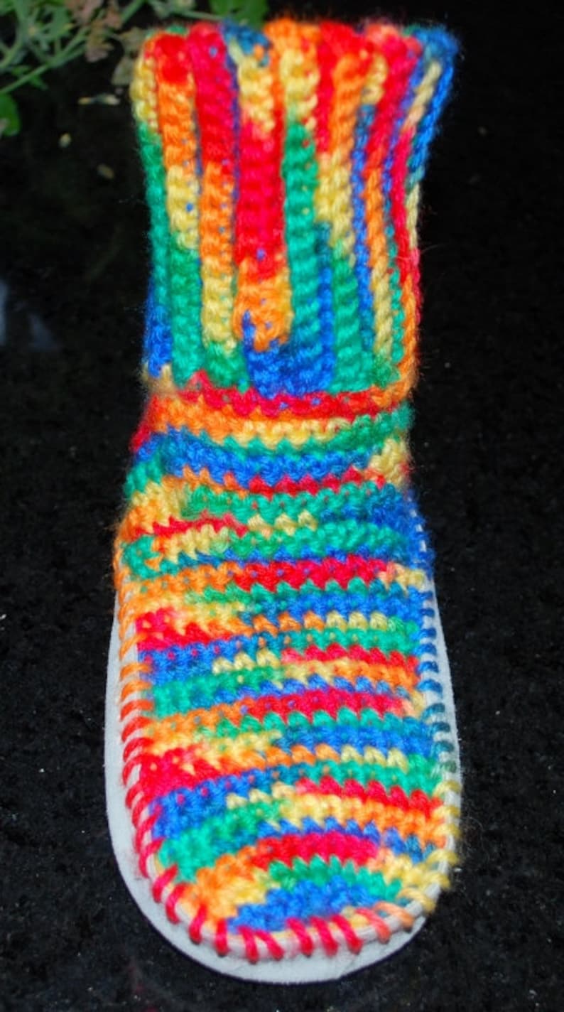 Crochet Youth House Shoe Booties Multi-Colored Unisex Rainbow Bright Blue Red Yellow Green Suede Sole Ready to Ship