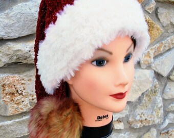 Santa Hat Red Velvet White Fur Crochet Stocking Cap Christmas Mrs. Claus Ready to Ship Hand Made Holiday Season Cheer Knit Winter Ski PomPom