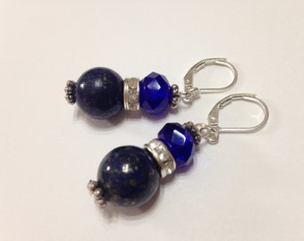 Lapis Lazuli Earrings - bright sapphire blue gemstone Czech glass & rhinestone dangly earrings