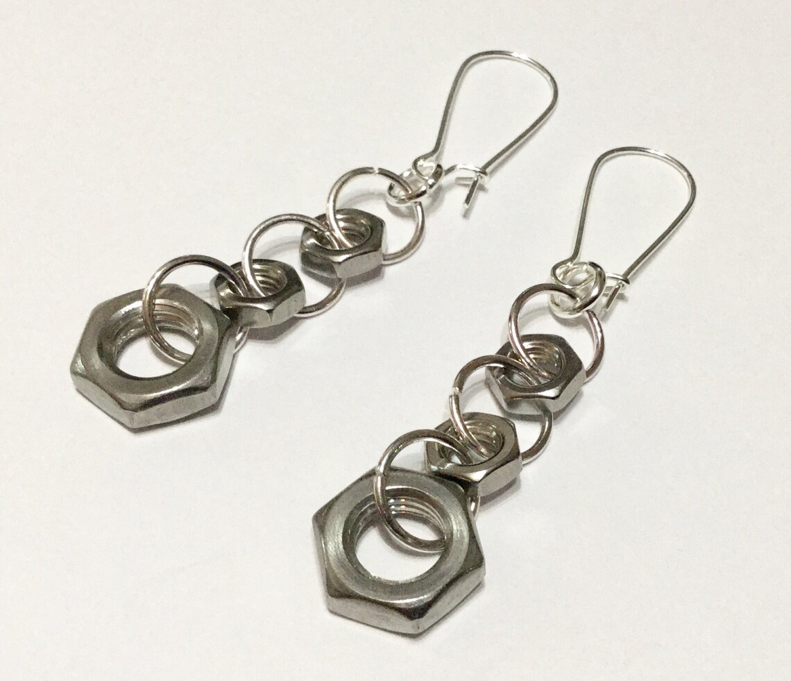 Industrial Hex Nut Bolt Metal Earrings Upcycled Stainless Etsy