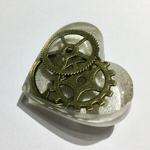 Silver White Steampunk Love Heart Brooch Pin Badge Bronze Cogs Gears in Clear Resin image 3