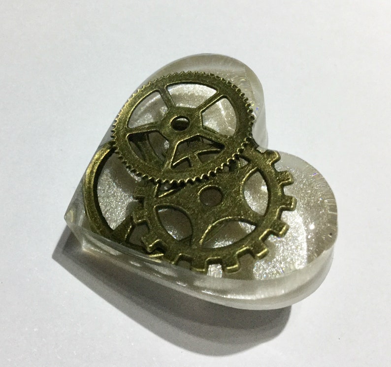 Silver White Steampunk Love Heart Brooch Pin Badge Bronze Cogs Gears in Clear Resin image 3