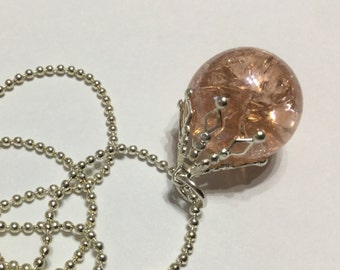 Vintage fried marble pendant - peach pink shattered glass necklace