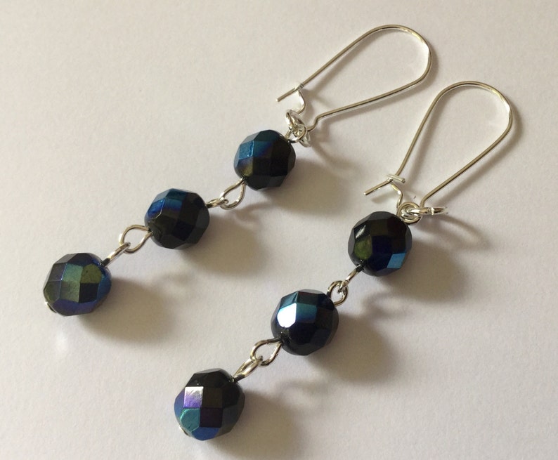 Vintage Carnival Glass Beaded Silver Earrings Black Peacock Etsy UK