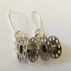 Vintage Cotton Bobbin Earrings Upcycled recycled silver metal sewing machine parts image 2