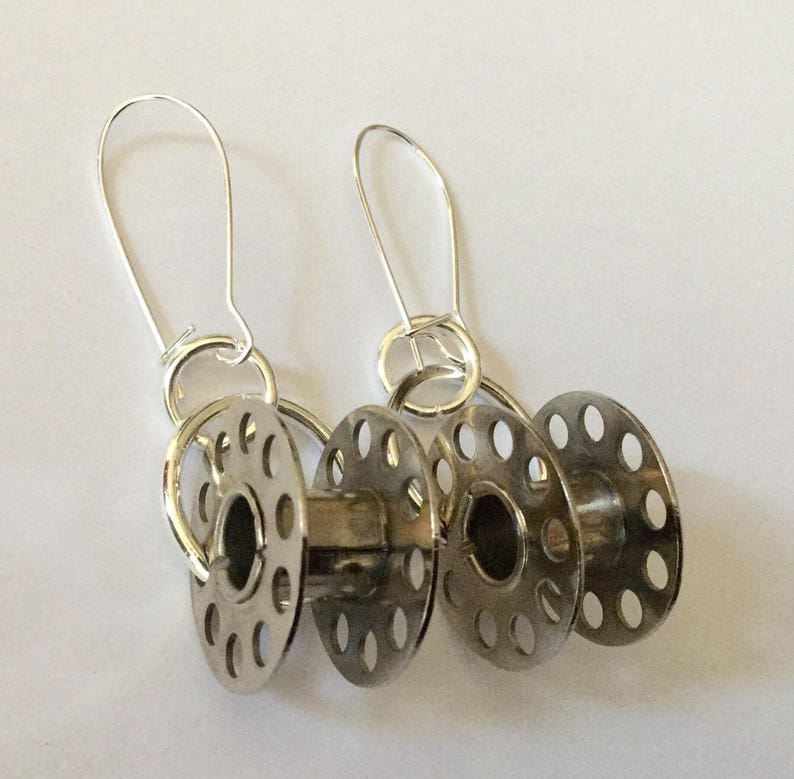 Vintage Cotton Bobbin Earrings Upcycled recycled silver metal sewing machine parts image 2
