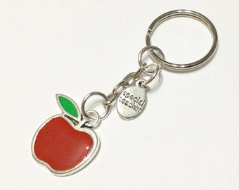 THANK YOU TEACHER Key Ring Keychain Gift - red and green enamel silver apple charm