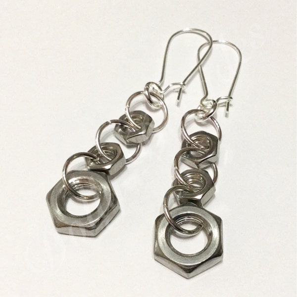 Industrial Hex Nut Bolt Metal Earrings - upcycled stainless steel hardware metalwork DIY steampunk jewellery