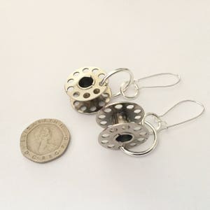 Vintage Cotton Bobbin Earrings Upcycled recycled silver metal sewing machine parts image 9