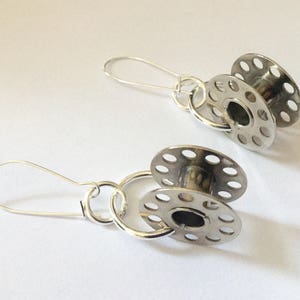 Vintage Cotton Bobbin Earrings Upcycled recycled silver metal sewing machine parts image 7