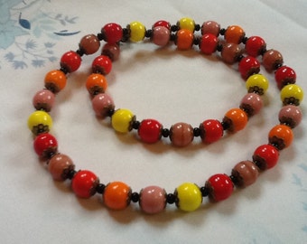 HARLEQUIN 'SUMMER' NECKLACE czech opaque glass beaded vintage style necklace red yellow pink orange beads