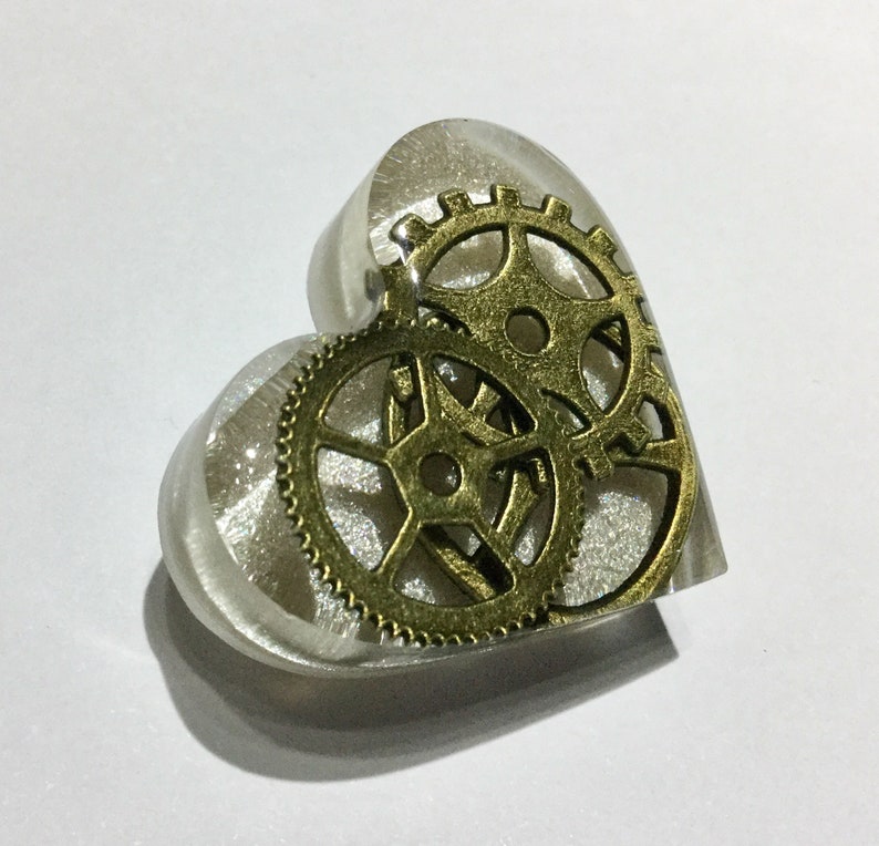 Silver White Steampunk Love Heart Brooch Pin Badge Bronze Cogs Gears in Clear Resin image 4