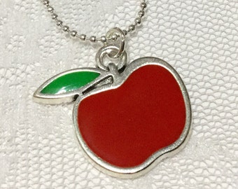 THANK YOU TEACHER Necklace Gift - red and green enamel silver apple charm on silver chain