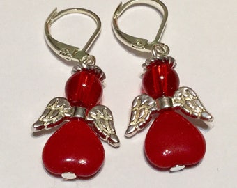 Red Angel Fairy Earrings - Czech Glass Beads Silver Plated Wings Christmas gift