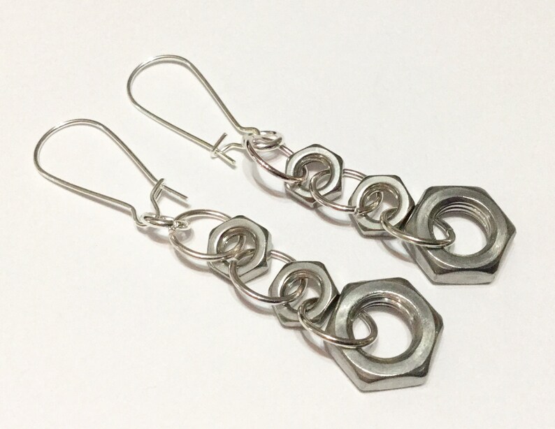 Industrial Hex Nut Bolt Metal Earrings Upcycled Stainless Etsy
