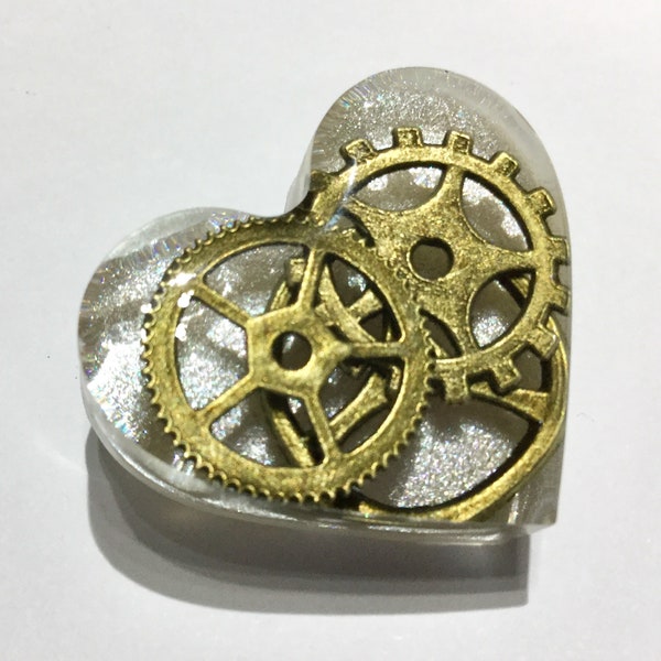 Silver White Steampunk Love Heart Brooch Pin Badge - Bronze Cogs Gears in Clear Resin