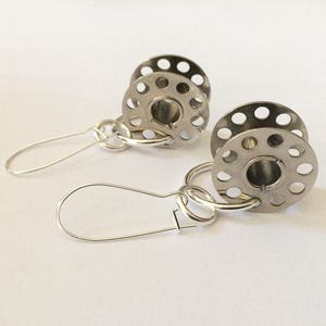Vintage Cotton Bobbin Earrings Upcycled recycled silver metal sewing machine parts image 1