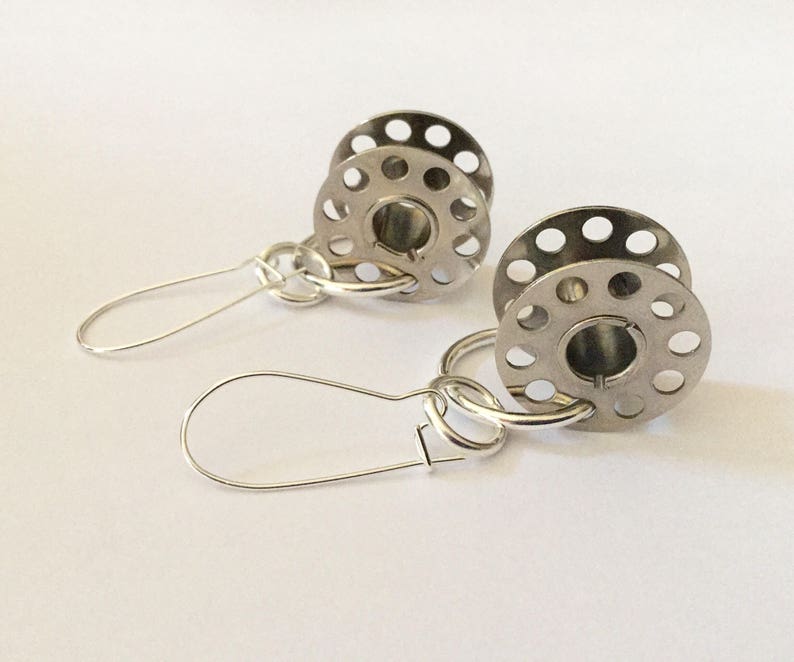 Vintage Cotton Bobbin Earrings Upcycled recycled silver metal sewing machine parts image 1