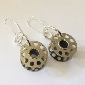 Vintage Cotton Bobbin Earrings Upcycled recycled silver metal sewing machine parts image 5