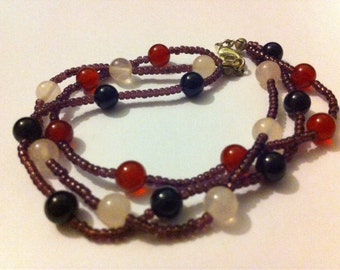 Jolly Gemstone Jumble Bracelet - Semi Precious Gemstone Beads - Three Strands of onyx, rose quartz and carnelian