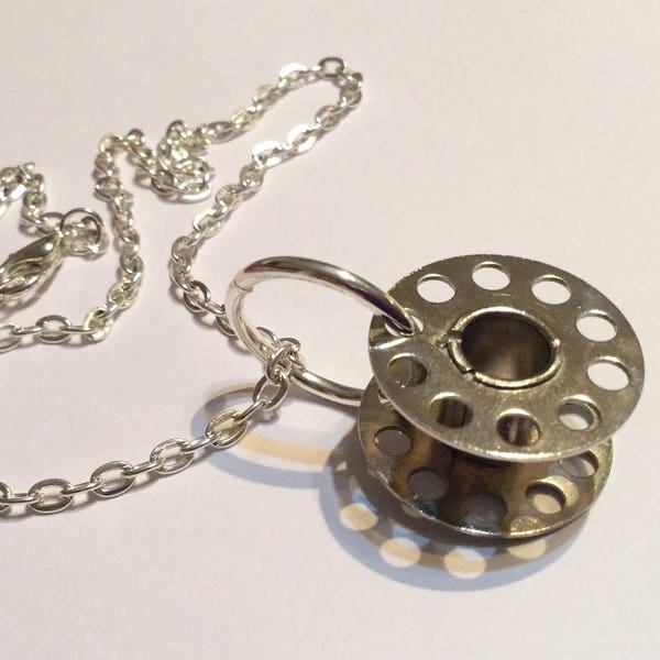 Vintage Cotton Bobbin Pendant Necklace - Upcycled recycled silver metal sewing machine part