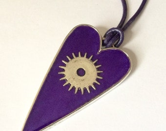 Purple Steampunk Resin Pendant Necklace - Silver Plated Cog Heart on Real Leather Cord